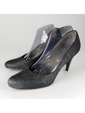 Ellen Tracy Cody Black Glitter Pointed Toe Classic Pumps Sz 9.5 Heel 3”